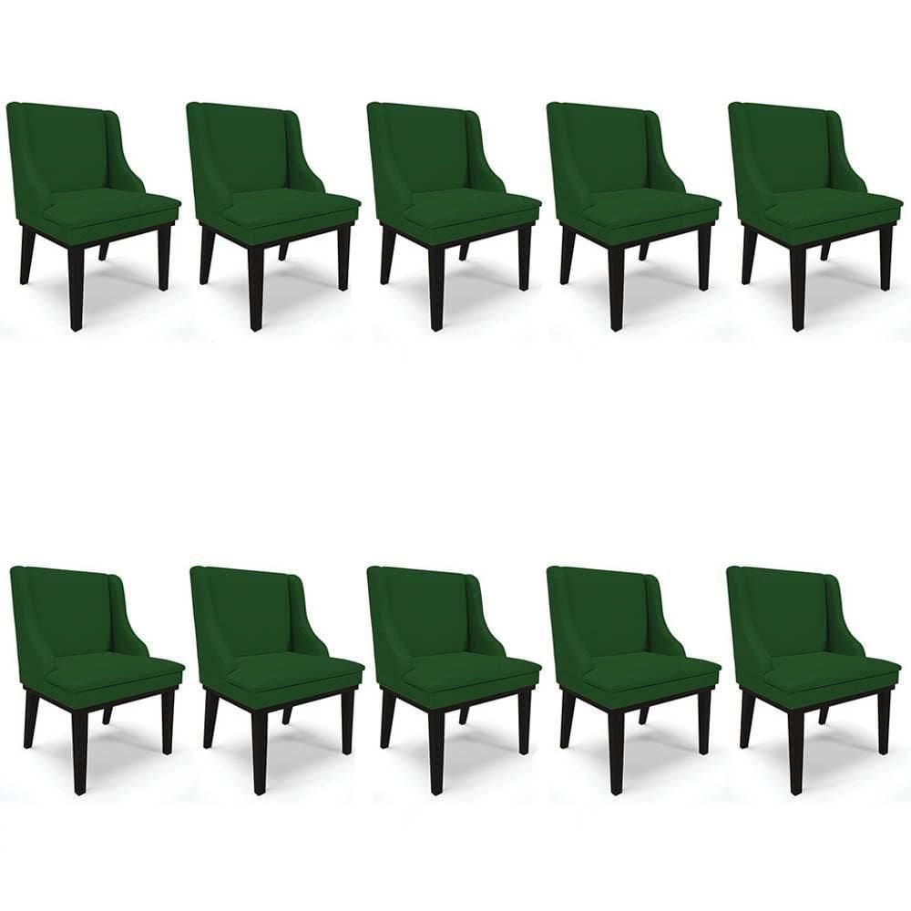 Kit 10 Cadeiras Estofadas Para Sala De Jantar Base Fixa De Madeira Preto Lia Veludo Luxo Verde - Ibiza