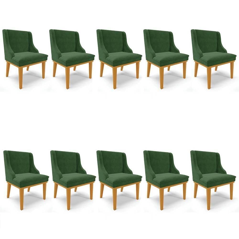 Kit 10 Cadeiras Estofadas Para Sala De Jantar Base Fixa De Madeira Castanho Lia Suede Verde - Ibiza