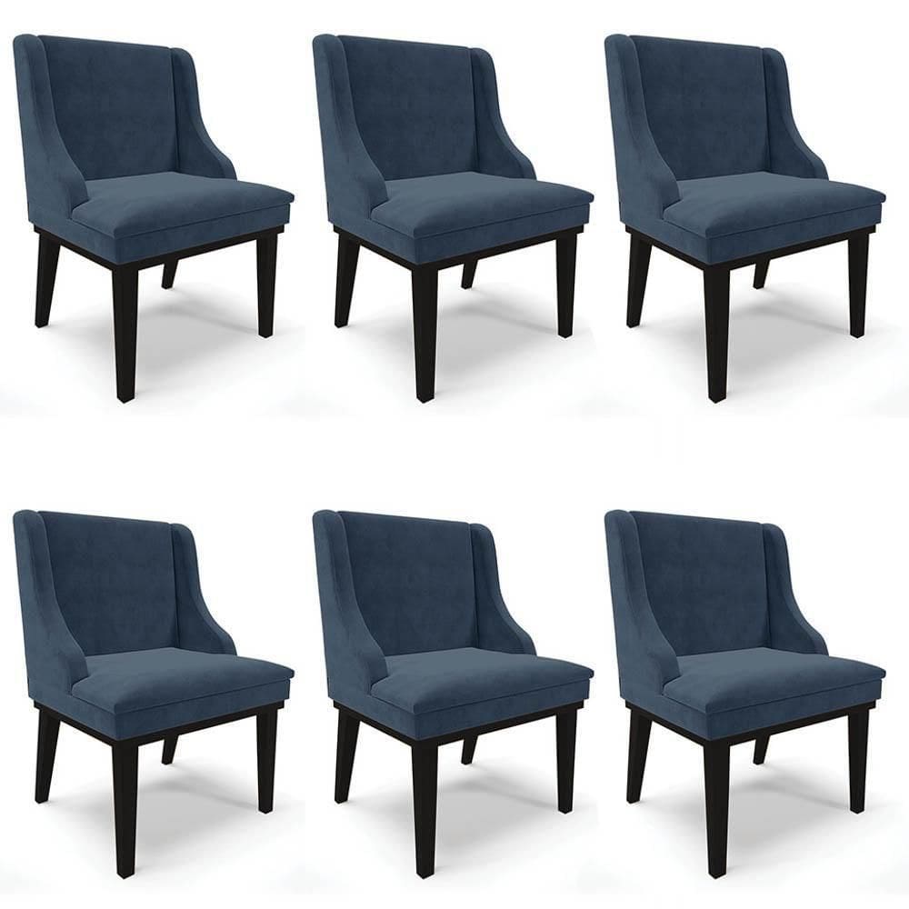 Kit 6 Cadeiras Estofadas Para Sala De Jantar Base Fixa De Madeira Preto Lia Suede Azul Marinho - Ibiza
