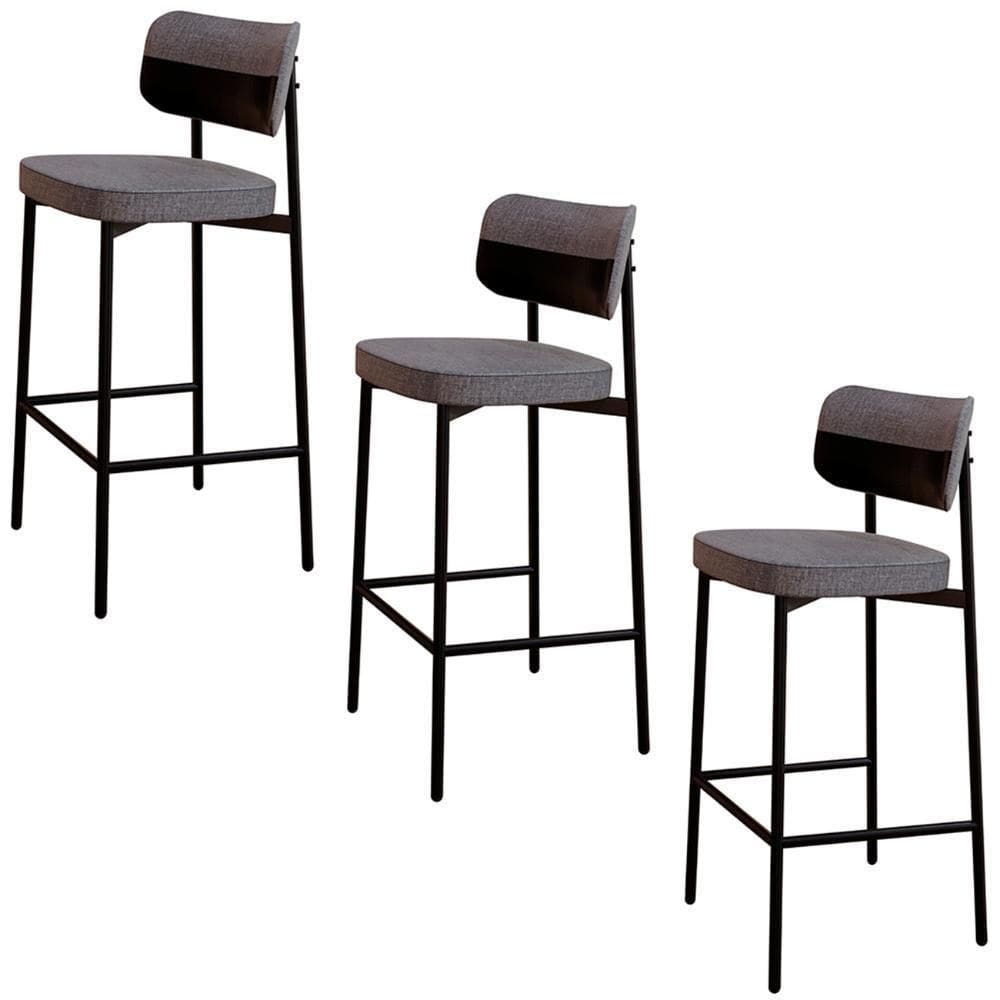 Banqueta Alta Bar Estofada Kit 3 Ella M25 Linho Cinza-preto - Mpozenato