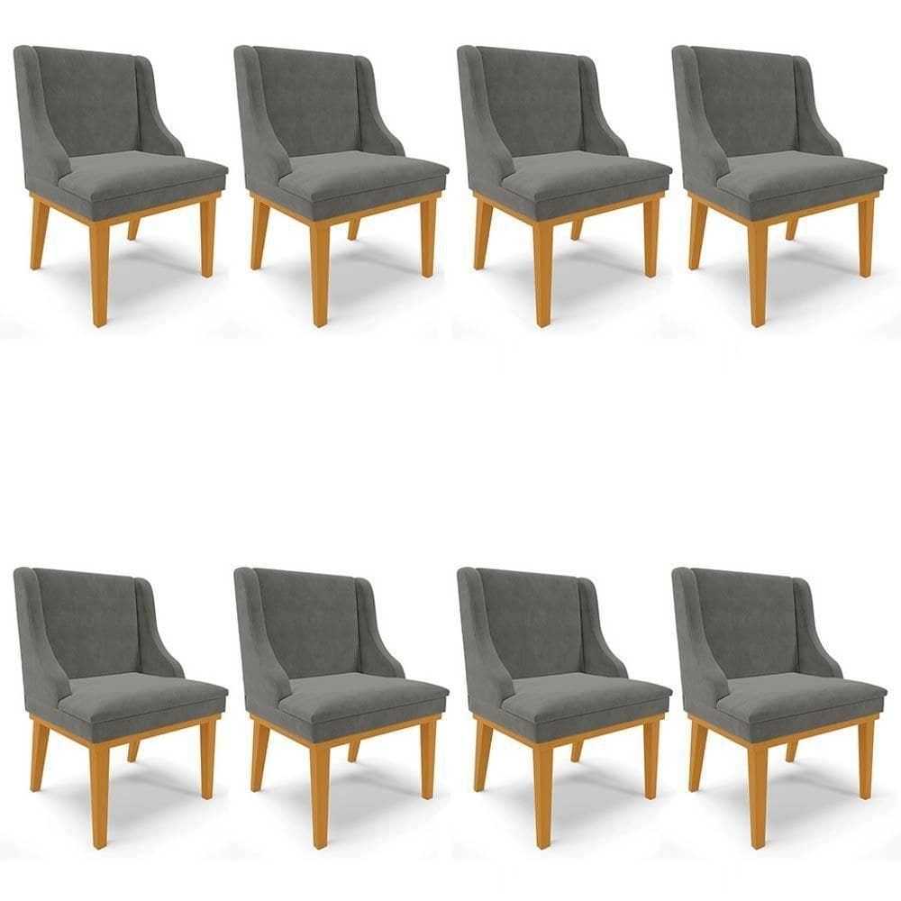 Kit 8 Cadeiras Estofadas Para Sala De Jantar Base Fixa De Madeira Castanho Lia Suede Grafite - Ibiza