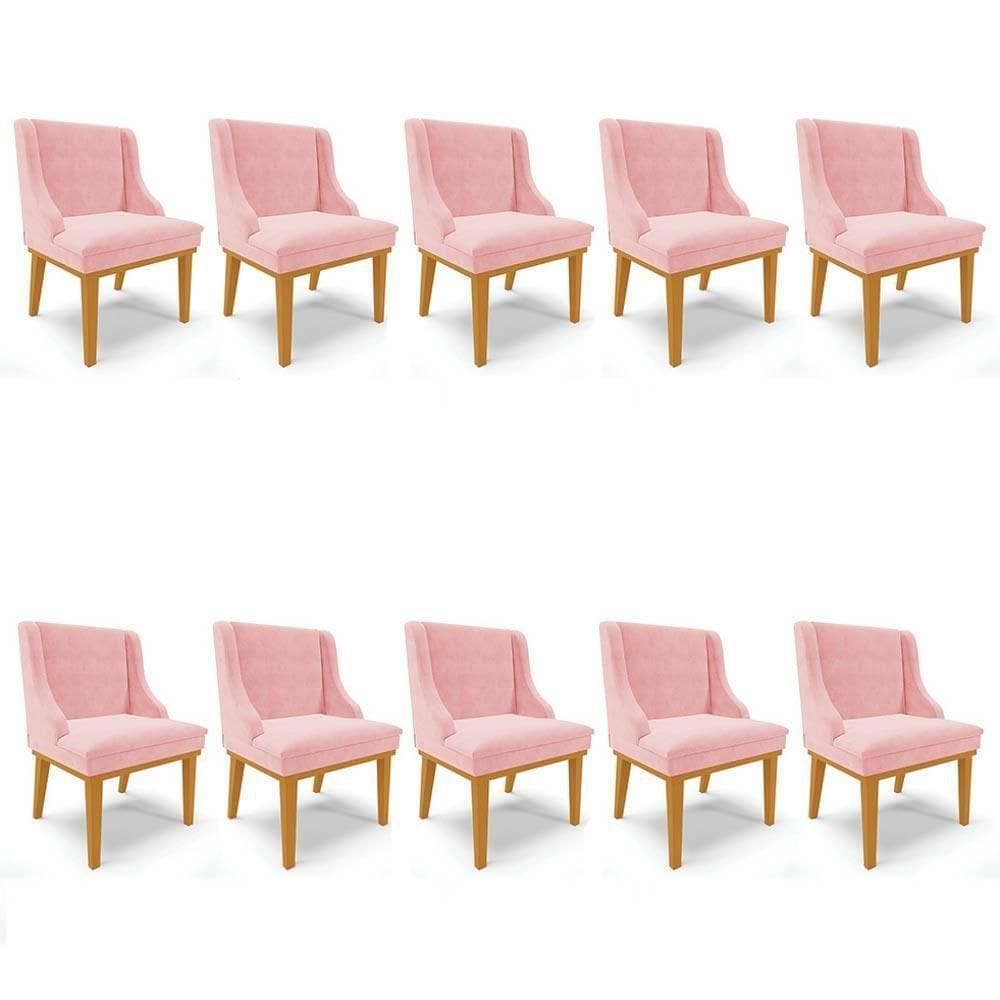 Kit 10 Cadeiras Estofadas Para Sala De Jantar Base Fixa De Madeira Castanho Lia Suede Rosa Bebê - Ibiza