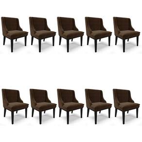 Kit 10 Cadeiras Estofadas Para Sala De Jantar Base Fixa De Madeira Preto Lia Suede Marrom - Ibiza