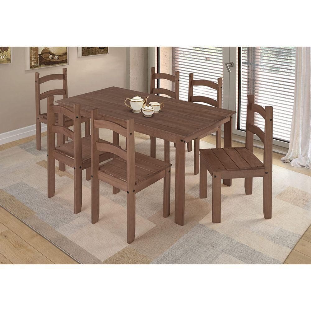 Conjunto De Mesa De Jantar 140x70 Com 6 Cadeiras Madeira Maciça Chocolate