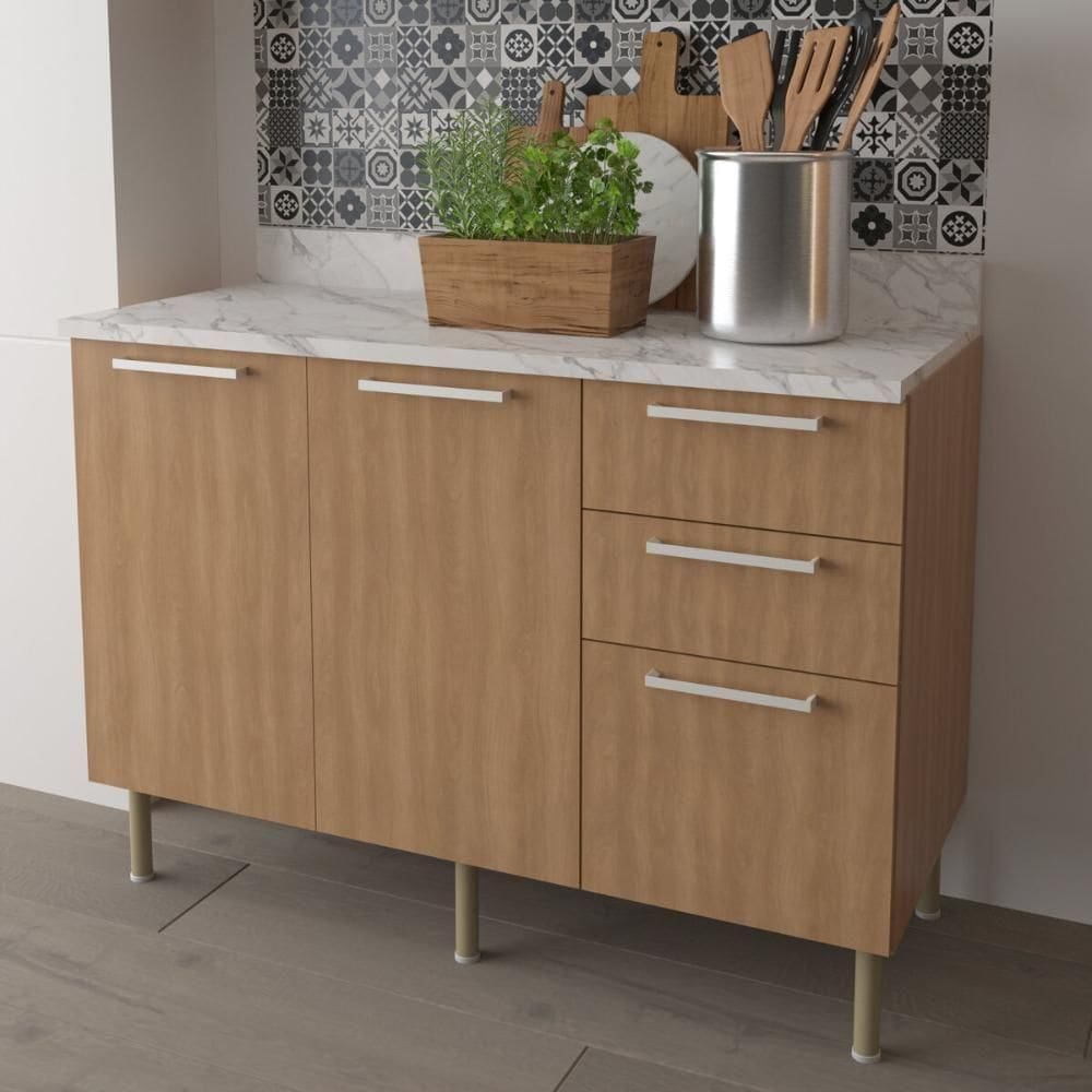 Balcão De Cozinha Com Tampo 2 Portas E 3 Gavetas 120cm Multimóveis Cr20457 Freijó Mármore Branco