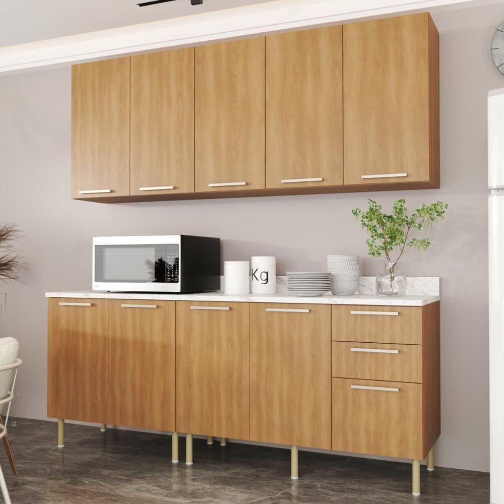 Cozinha Compacta 4 Peças Com Armário E Balcão Com Tampo Multimóveis Cr20448 Freijó Mármore Branco