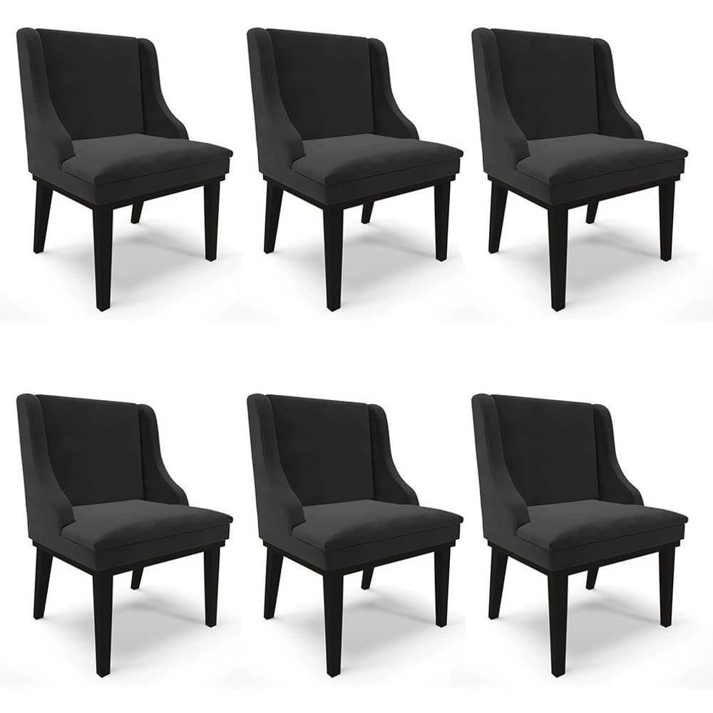 Kit 6 Cadeiras Estofadas Para Sala De Jantar Base Fixa De Madeira Preto Lia Veludo Preto - Ibiza