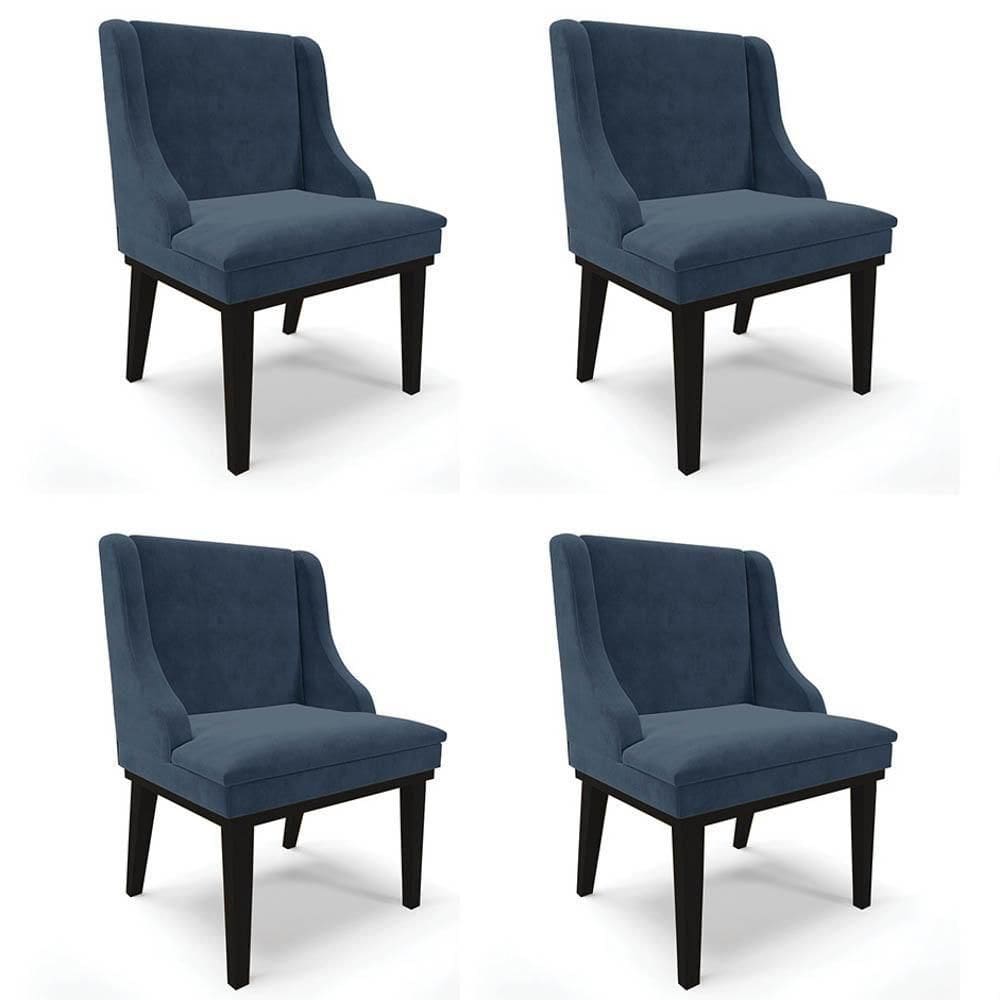 Kit 4 Cadeiras Estofadas Para Sala De Jantar Base Fixa De Madeira Preto Lia Suede Azul Marinho - Ibiza