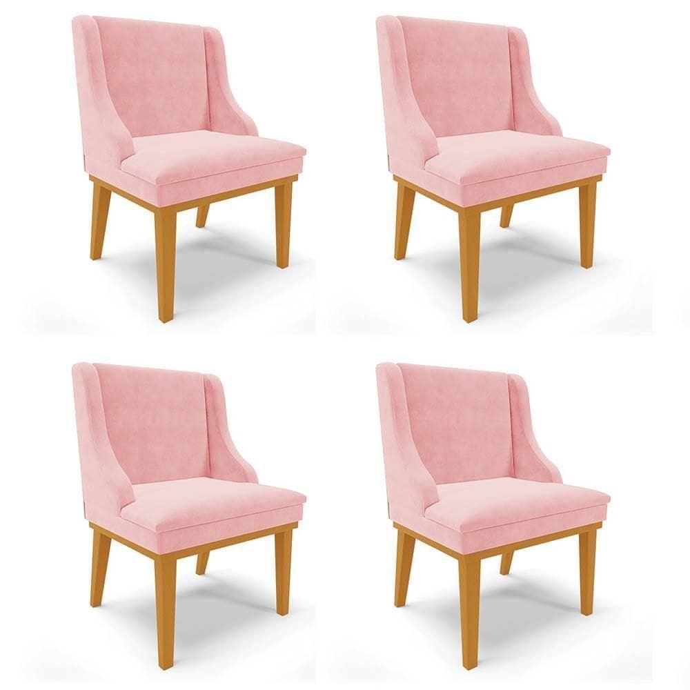 Kit 4 Cadeiras Estofadas Para Sala De Jantar Base Fixa De Madeira Castanho Lia Suede Rosa Bebê - Ibiza