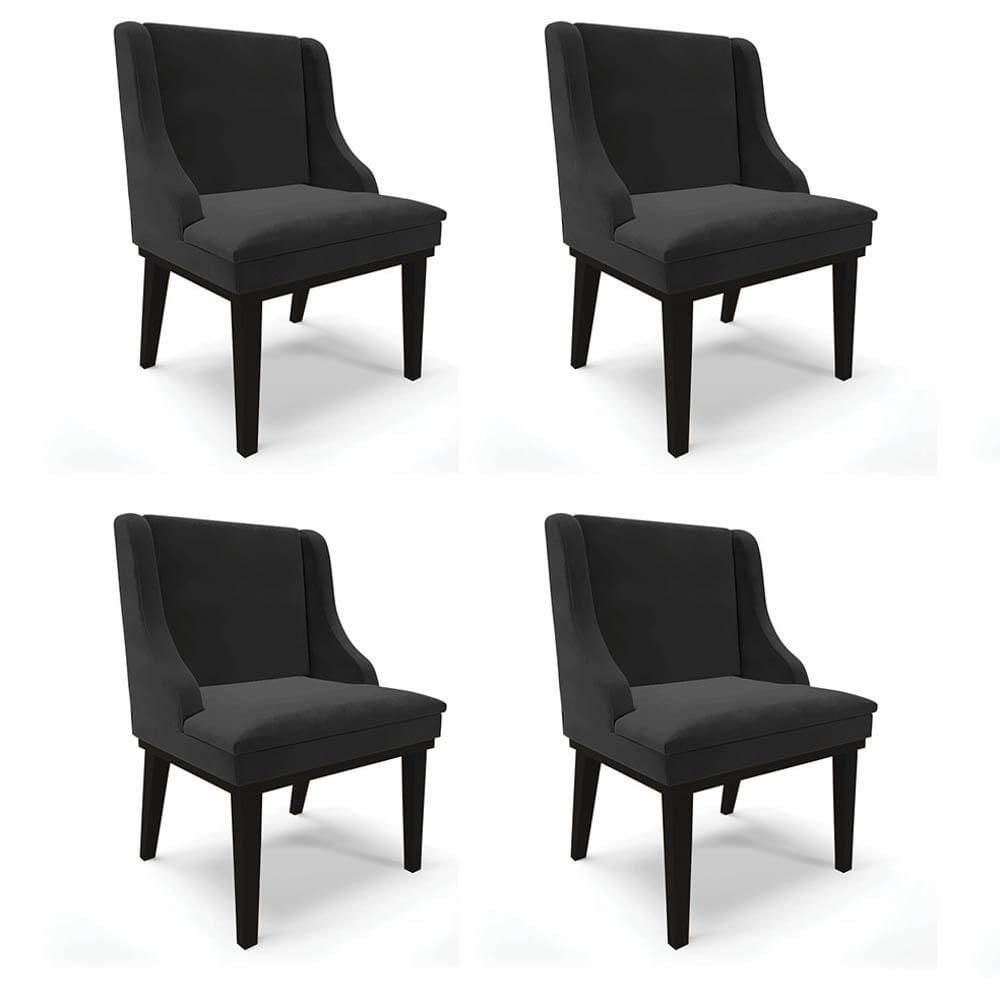 Kit 4 Cadeiras Estofadas Para Sala De Jantar Base Fixa De Madeira Preto Lia Veludo Preto - Ibiza