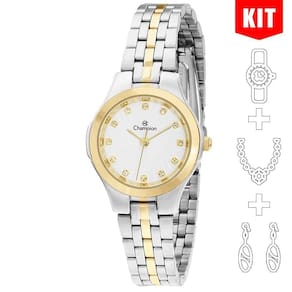 Relógio Champion Kit Feminino Misto Prata Dourado Cn25458d