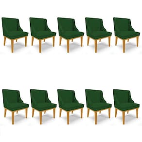 Kit 10 Cadeiras Estofadas Para Sala De Jantar Base Fixa De Madeira Castanho Lia Veludo Verde - Ibiza