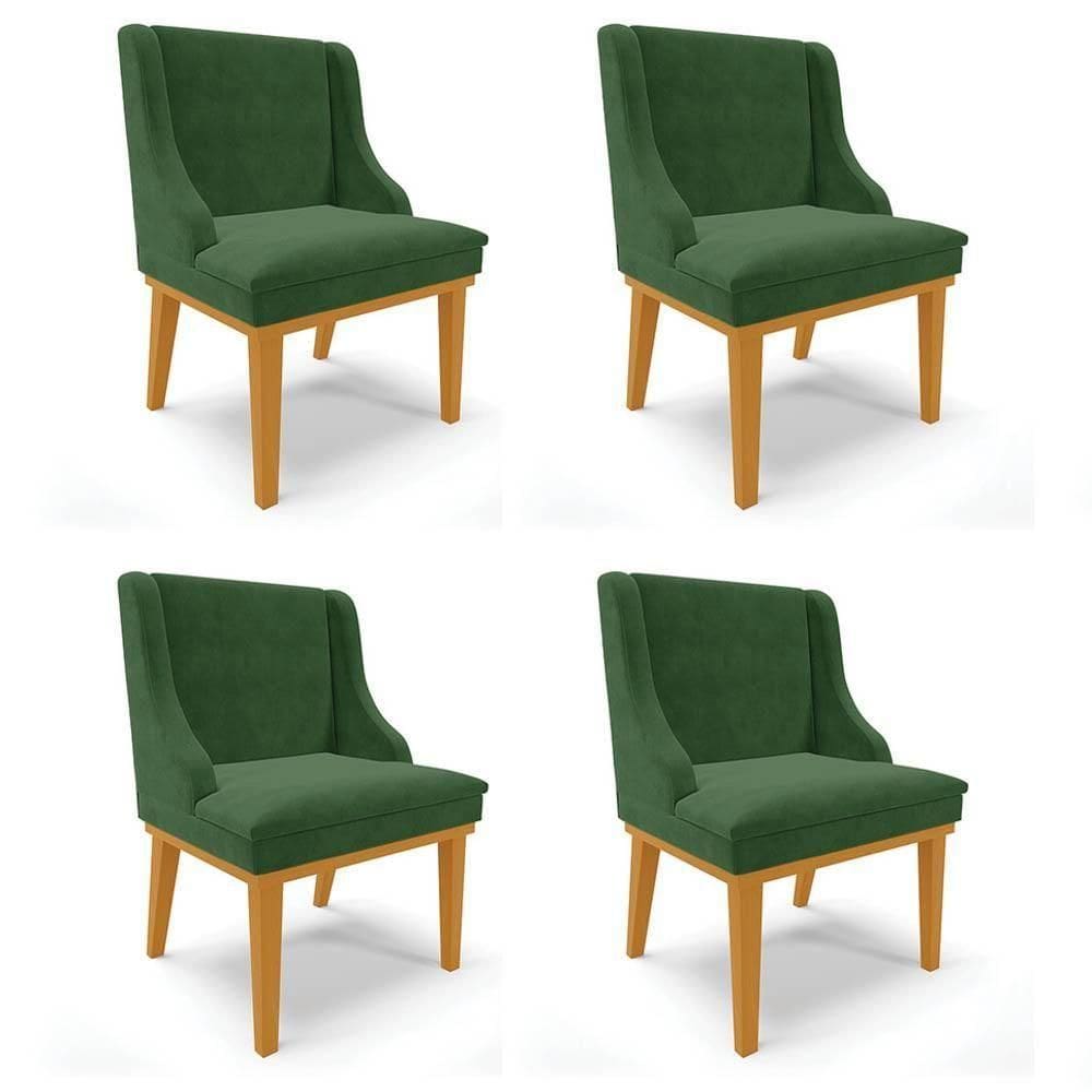 Kit 4 Cadeiras Estofadas Para Sala De Jantar Base Fixa De Madeira Castanho Lia Suede Verde - Ibiza