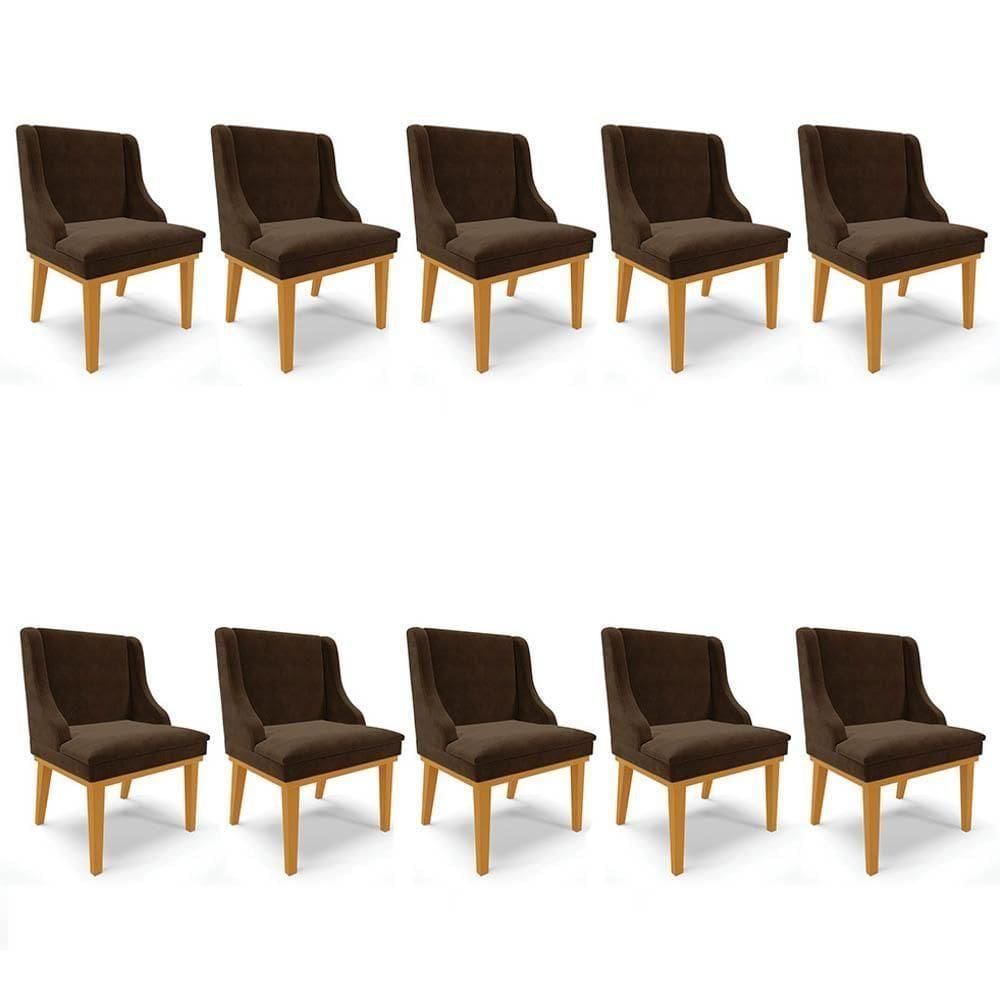 Kit 10 Cadeiras Estofadas Para Sala De Jantar Base Fixa De Madeira Castanho Lia Suede Marrom - Ibiza