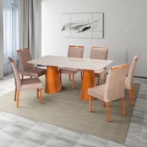 Conjunto Mesa Fortaleza com 6 Cadeiras em Madeira e Estofada Bella Authentic Espresso Móveis Champagnhe/Off White/Bege