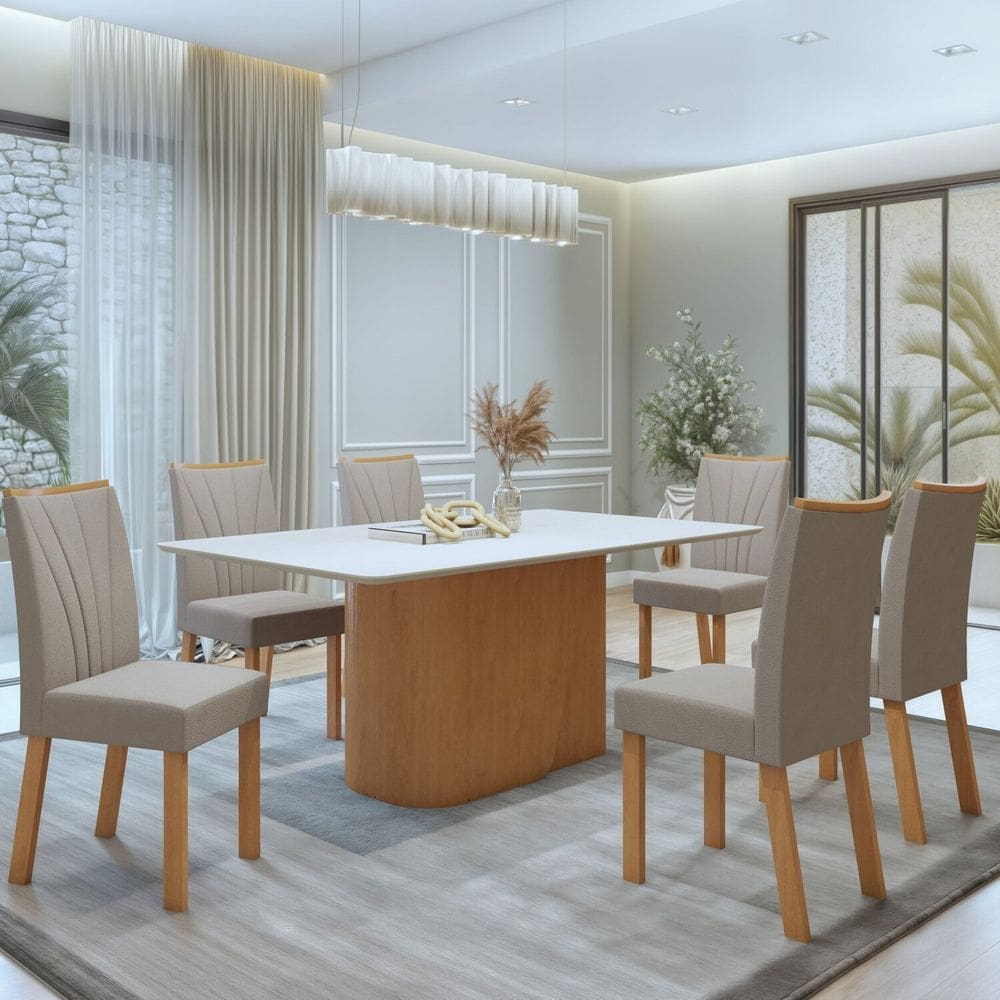 Conjunto Sala de Jantar Luar 170cm Tampo em MDF com 6 Cadeiras Apogeu Amendoa Clean/Off White/Veludo Naturale Creme