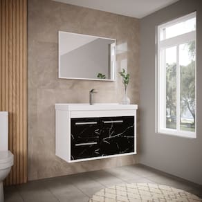 Conjunto Gabinete de Banheiro em MDF com Espelheira Potenza Preto