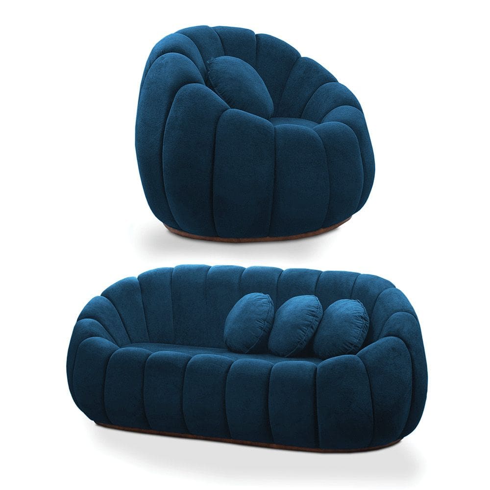 Sofá 2 Lugares com Poltrona Giratória Orgânica Cloud Bouclê Azul Marinho E03 - D`Rossi
