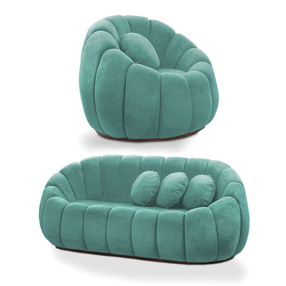 Sofá 2 Lugares com Poltrona Giratória Orgânica Cloud Bouclê Azul Turquesa E03 - D`Rossi