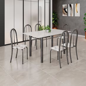 Conjunto de Mesa Tubular 140cm X 75cm Tampo em Vidro com 6 Cadeiras Iris B Mart Prata