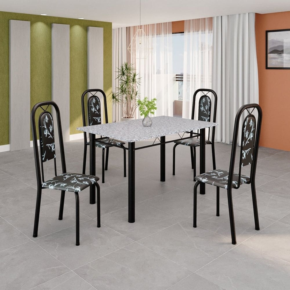 Conjunto de Mesa Tubular 120cm X 75cm Tampo Granito Ocre com 4 Cadeiras Lara Floral preto / Preto TXT