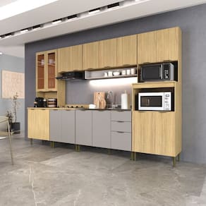 Cozinha Modulada 100% MDF 6 Peças 18 Portas 2 Gavetas Cristaleira 2 Balcão com Tampo 2 Aéreo Ibiza Louro Freijó/Cinza