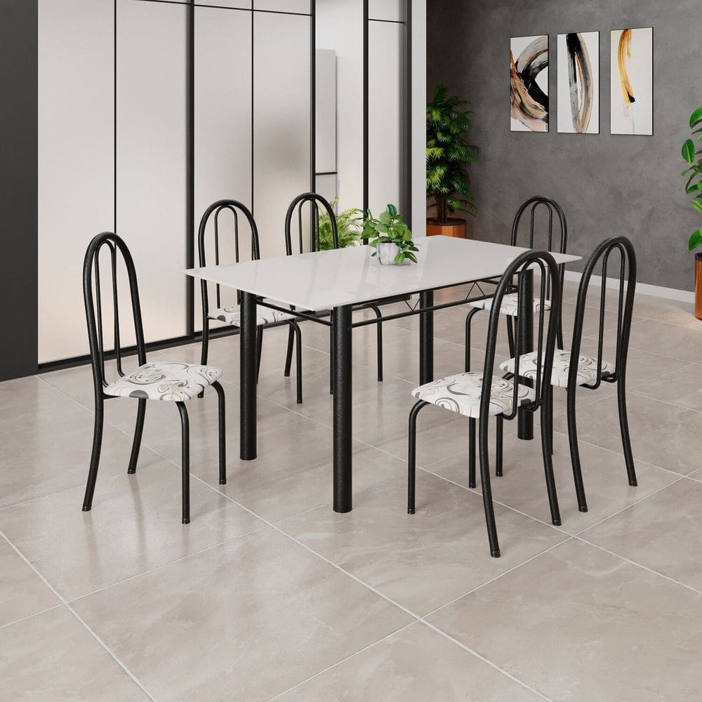 Conjunto de Mesa Tubular 140cm X 75cm Tampo em Vidro com 6 Cadeiras Iris B Preto