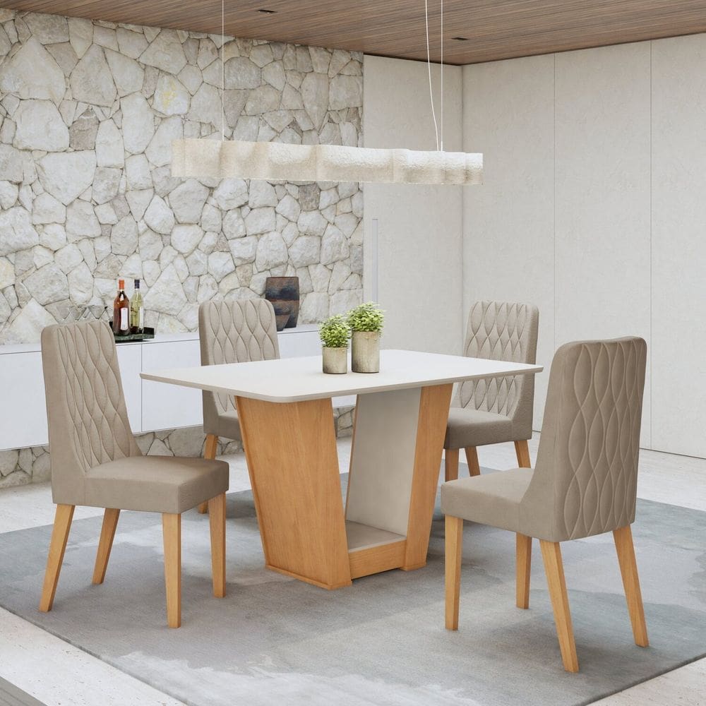 Conjunto Sala de Jantar Mesa Apogeu com 4 Cadeiras Luar Amêndoa Clean/Off White/Naturale Creme