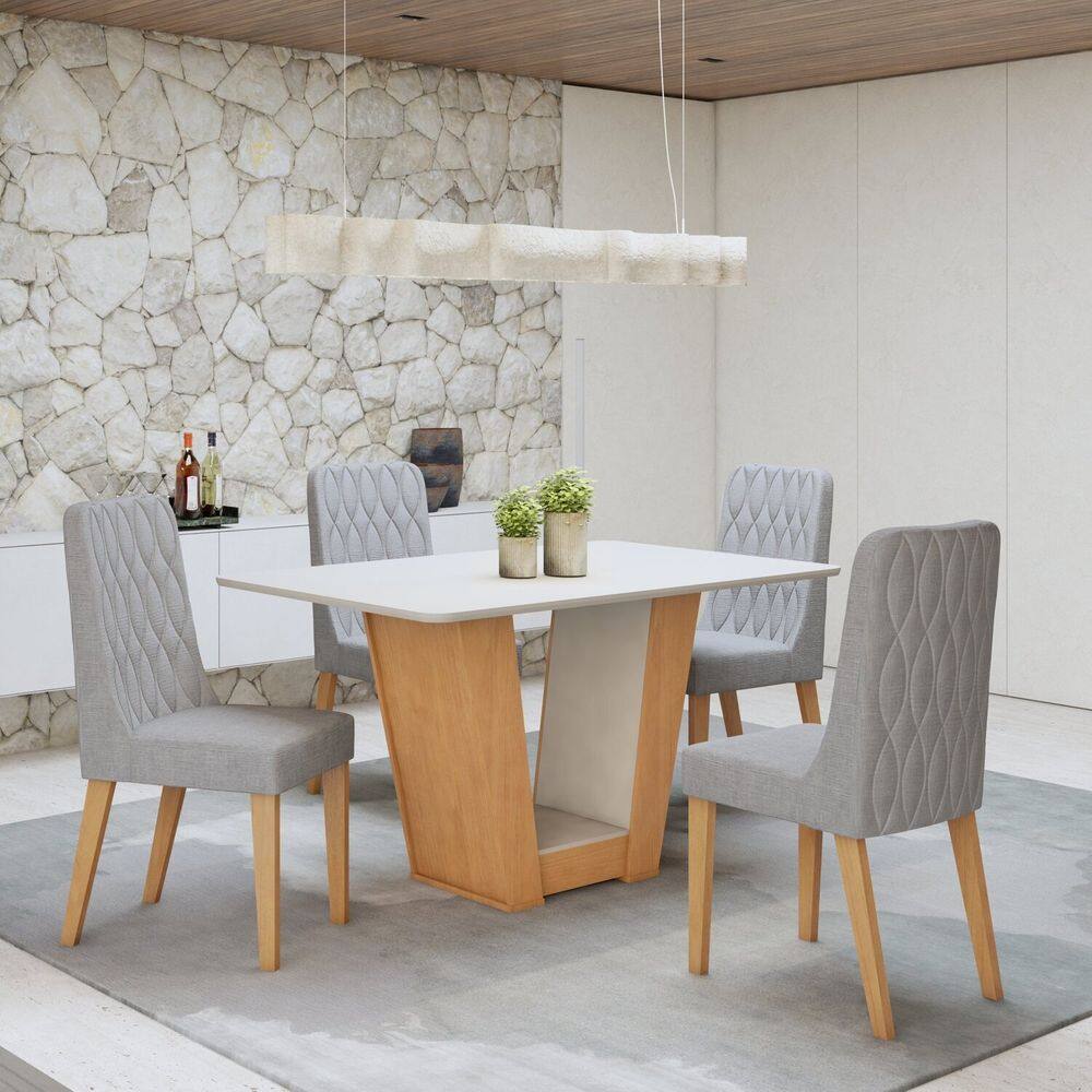 Conjunto Sala de Jantar Mesa Apogeu com 4 Cadeiras Luar Amêndoa Clean/Off White/Cinza