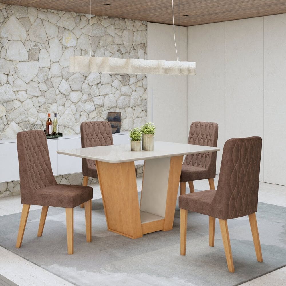 Conjunto Sala de Jantar Mesa Apogeu com 4 Cadeiras Luar Amêndoa Clean/Off White/Morano Avelâ