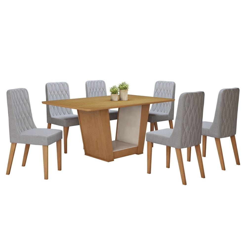 Conjunto Sala de Jantar 170cm com 6 Cadeiras  Off White/Amêndoa Clean/Cinza