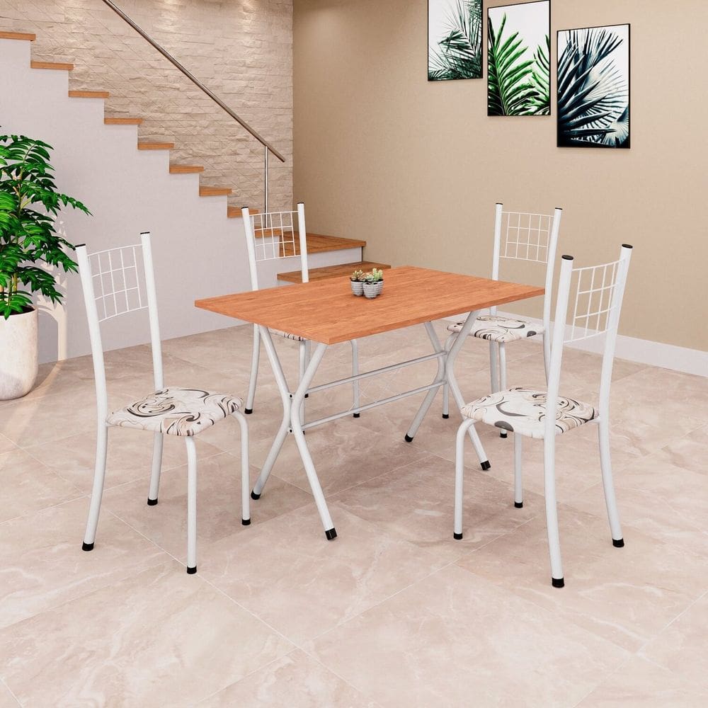 Conjunto de Mesa Tampo em MDF com 4 Cadeiras Dany Arabesco / Branco/Cinamomo