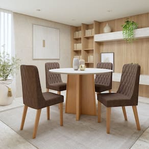 Conjunto de Mesa com 4 Cadeiras Tampo Redondo em MDF Luar Amêndoa Clean/Off White/Avelâ