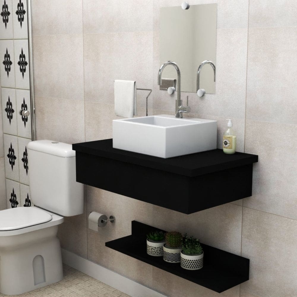 Conjunto Gabinete para Banheiro Completo com Cuba Espelheira Dublin Preto
