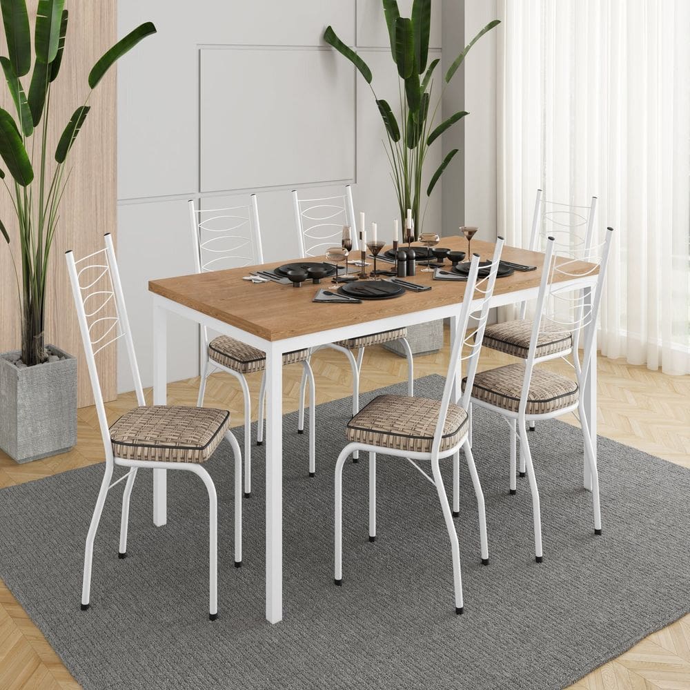 Conjunto para Cozinha 1 Mesa com 6 Cadeiras Adriana Branco/ Rattan