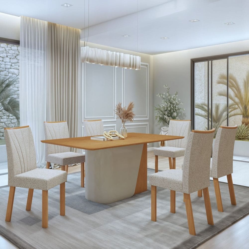 Conjunto Sala de Jantar Luar 170Cm Tampo No Glass com 6 Cadeiras Apogeu Amêndoa Clean/Off White/Amendoa Clean/Boucle Bege