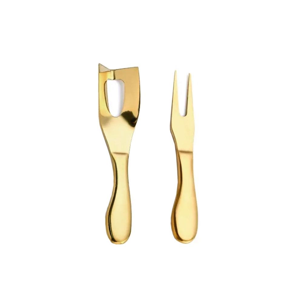 Faca Garfo Queijo Manteiga Jogo Aço Inox Dourado 2un