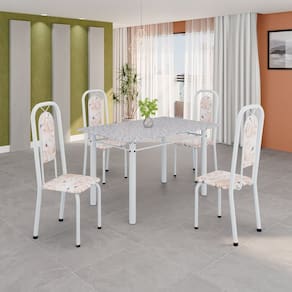 Conjunto de Mesa Tubular 120cm X 75cm Tampo Granito Ocre com 4 Cadeiras Lara Botanic Bege/ Branco