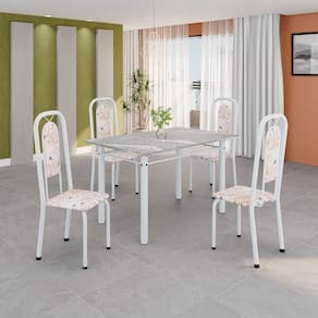 Conjunto para Sala de Jantar com 1 Mesa Granito e 4 Cadeiras Lara Botanic Bege / Branco
