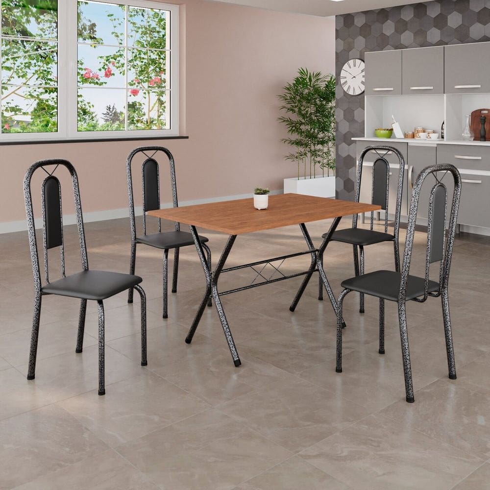 Conjunto de Mesa Tubular 100cm x 60cm Tampo em MDF com 4 Cadeiras Lívia Preto Liso/Martelado Prata