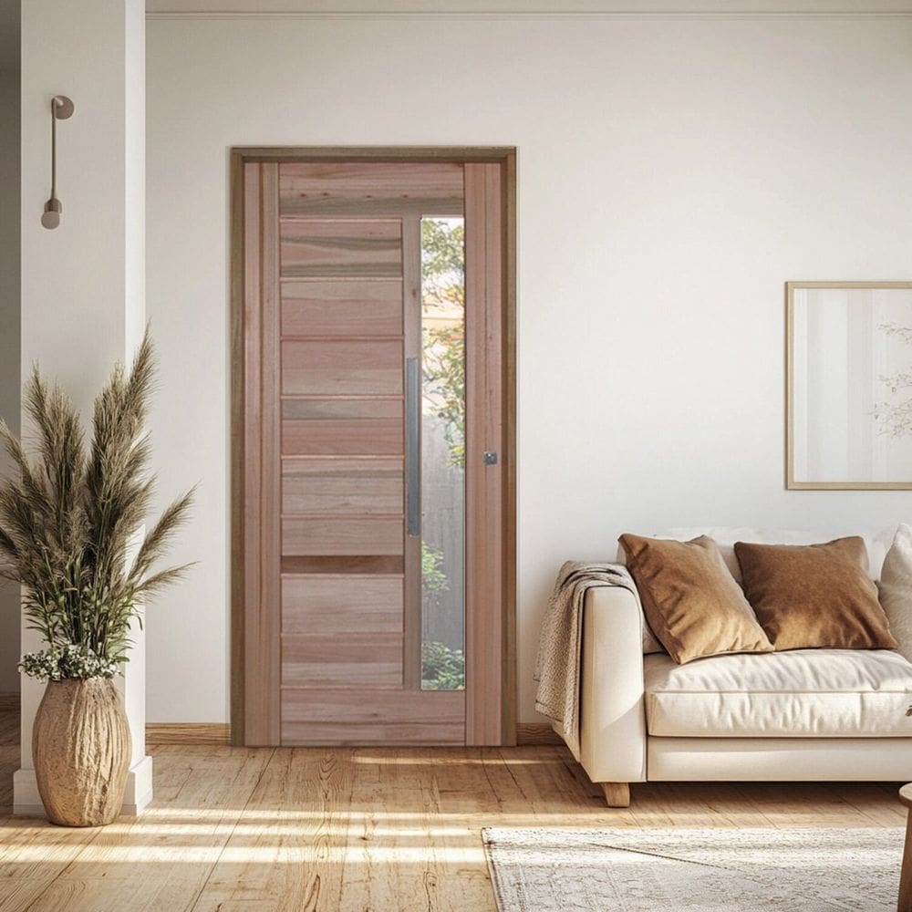 Porta com Visor Mista Batente Misto 14 Puxador Barra Chata 102 x 210cm Esquerdo Rodam 3B Natural