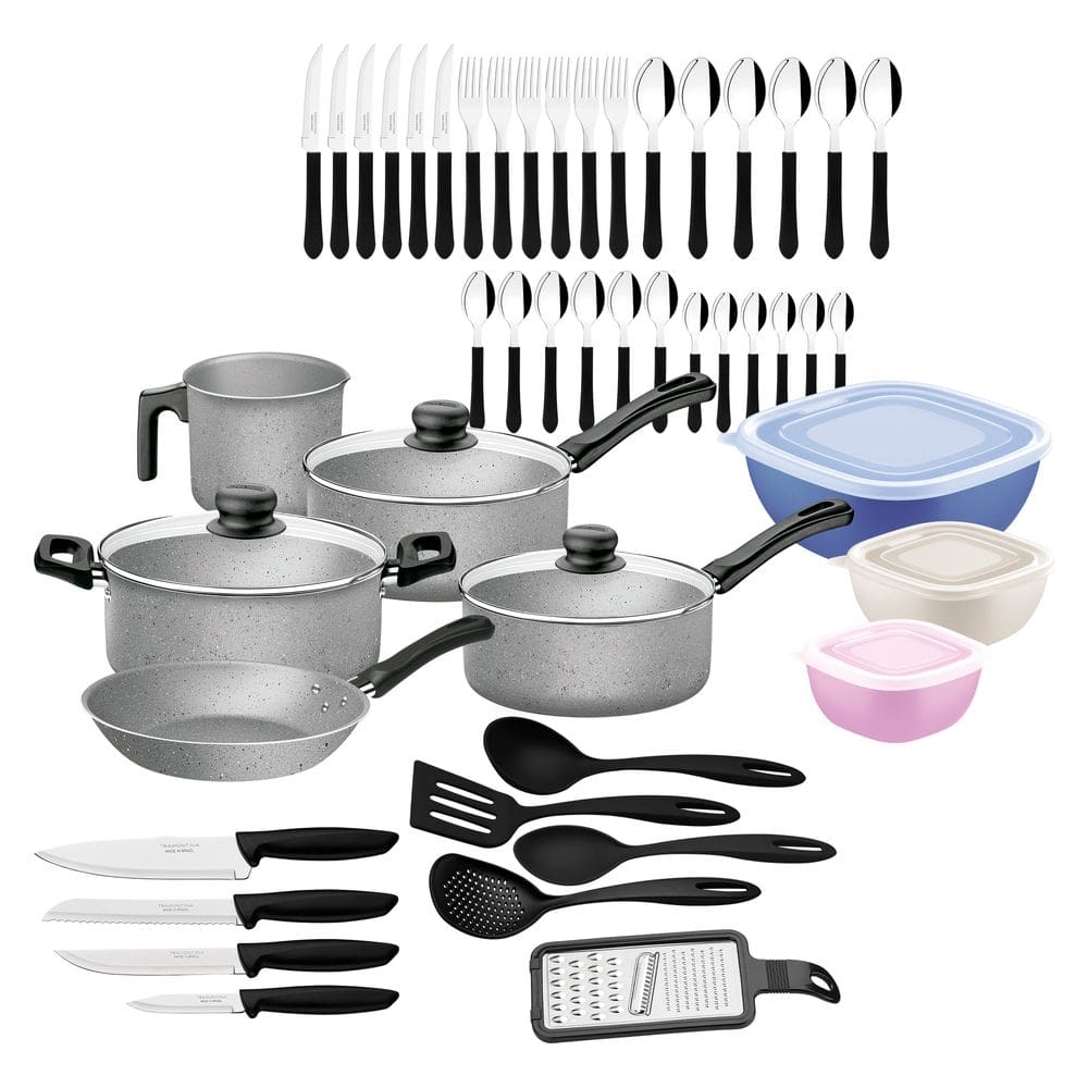 Conjunto Tramontina 47 Peças para Cozinha com Panelas Antiaderentes em Alumínio, Talheres, Facas e Utensílios Domésticos