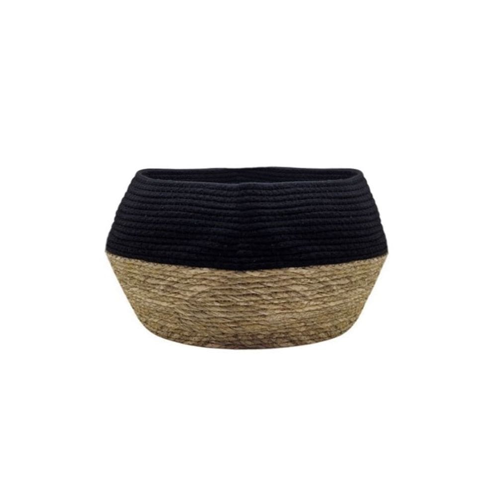 Cesto Organizador Cesta Junco Palha Algodao Preto Bege 38cm