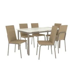 Conjunto Sala de Jantar 6 Cadeiras Mesa Tampo de Vidro Kappesberg Crome Níquel/Capuccino/Off White