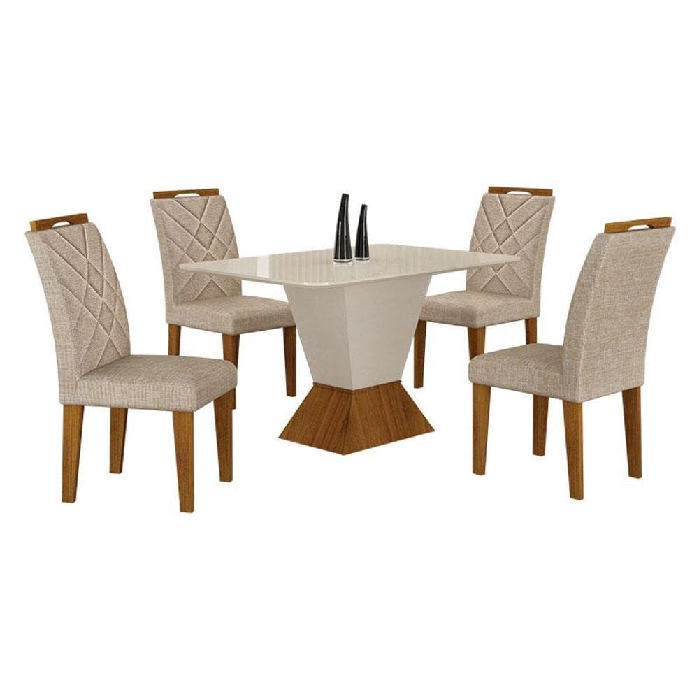 Mesa de Jantar Larissa 120x80 Off White Freijó com 4 Cadeiras MDF Freijó Linho Palha - Leifer Móveis
