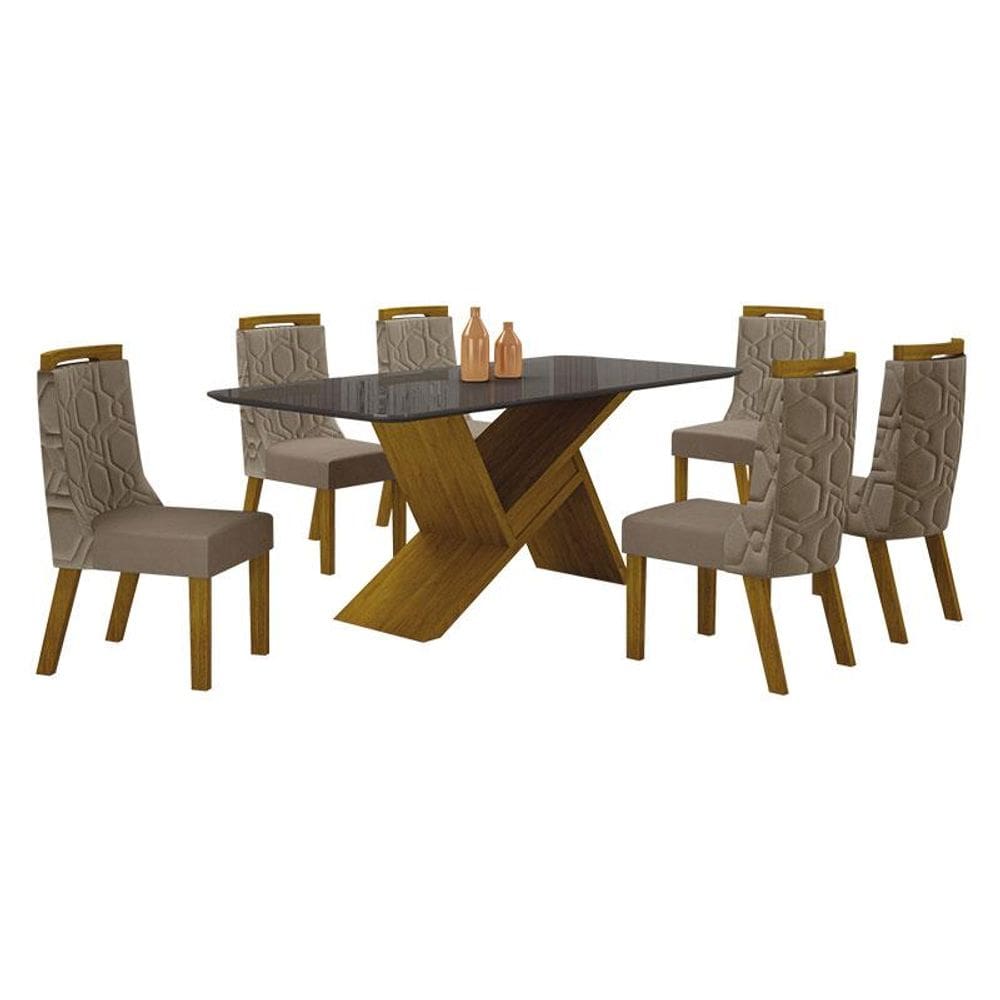 Mesa de Jantar Ágata 180x90 Freijó Chumbo com 6 Cadeiras MDF Freijó Joli Camurça - Leifer Móveis