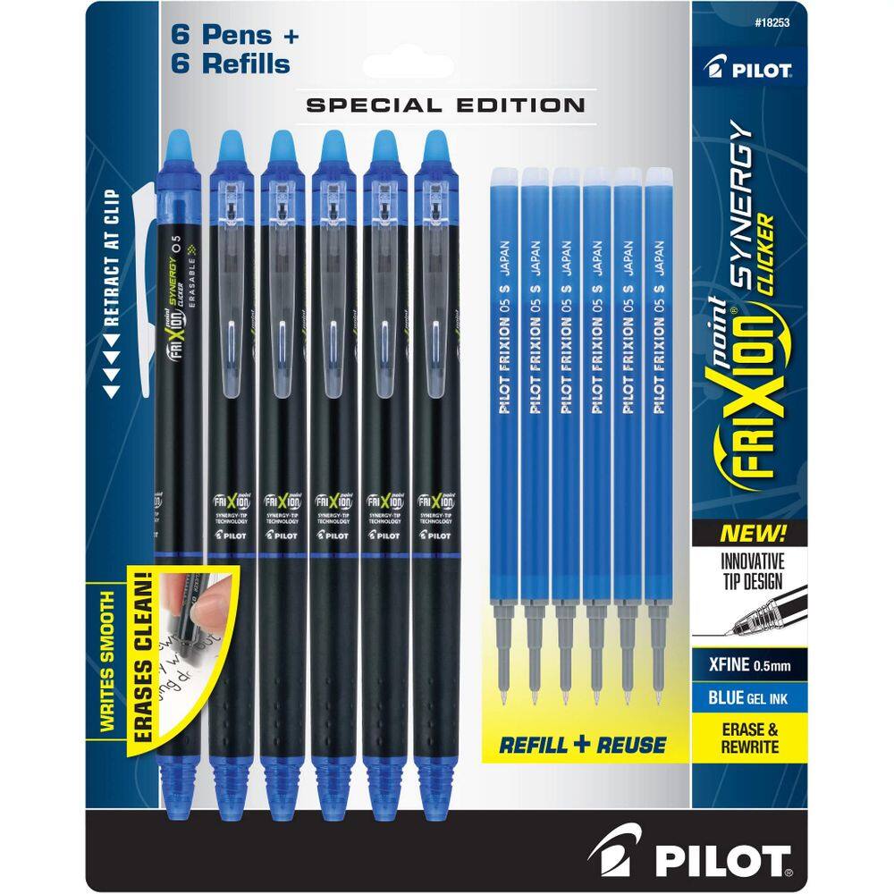 Caneta PILOT Frixion Synergy Clicker apagável de 0,5 mm azul, pacote com 6