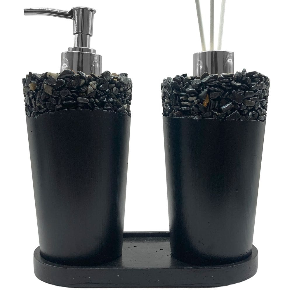 Kit Lavabo com Aromatizador e Saboneteira Líquida 220ml Base com Pedras Naturais Prata Ideal para Escritório e Recepção