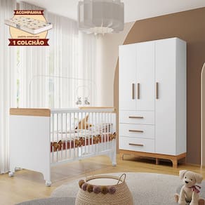 Kit Quarto Infantil Guarda-roupas e Berço Doçura com Colchão Branco/savana