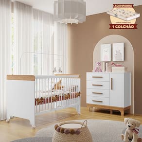 Kit Quarto Infantil Cômoda e Berço Doçura com Colchão Branco/savana